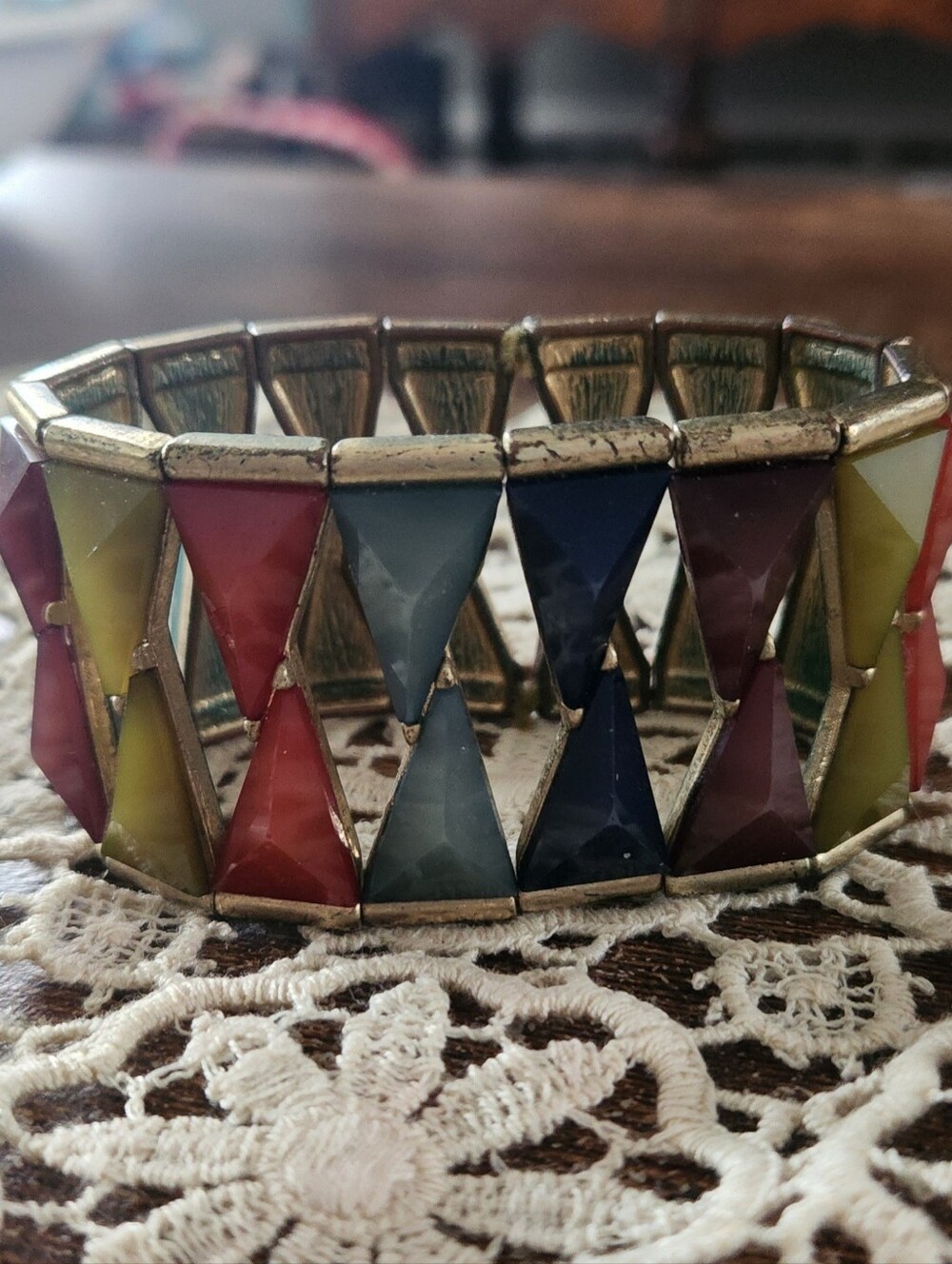 Vintage Multicolor Geometric Stretch Bracelet Wide Statement Cuff Boho